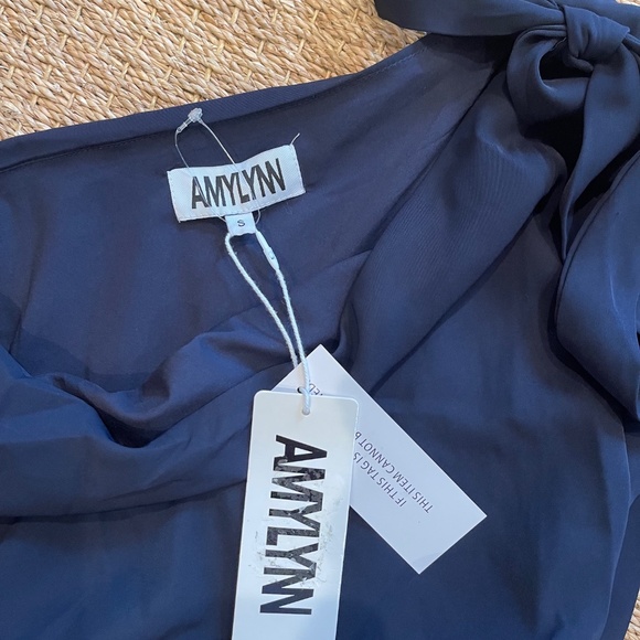 NWT AMYLYNN One Shoulder Satin Dress in Navy Blue, Size Small - Picture 12 of 16